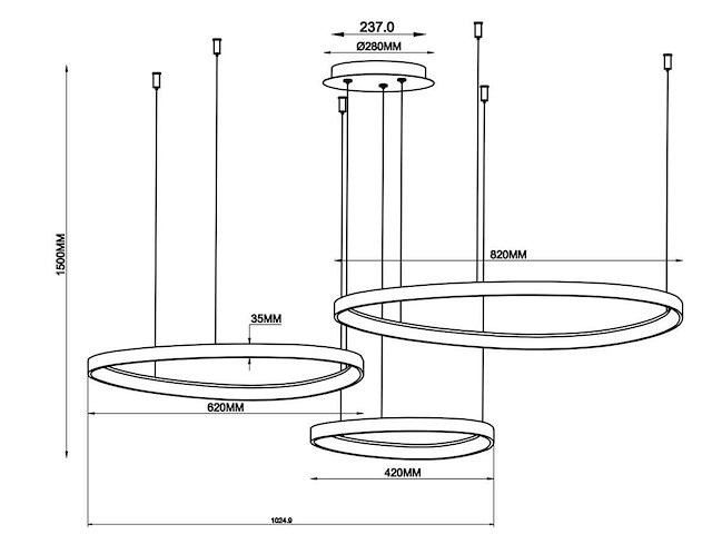 1 x auren design hanglamp zwart 42cm&62cm&82cm trio ring 160w led cct 3 kleur - afbeelding 2 van  6