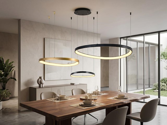 1 x auren design hanglamp zwart en goud 42cm&62cm&82cm trio ring 160w led cct 3 kleur - afbeelding 3 van  5