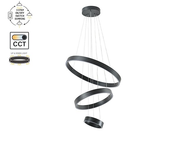 1 x duora design hanglamp zand zwart 20cm&40cm&60cm trio ring 60w led cct 3 kleur & 3 stappen dimmen - afbeelding 4 van  6