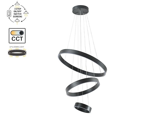 1 x duora design hanglamp zand zwart 20cm&40cm&60cm trio ring 60w led cct 3 kleur & 3 stappen dimmen - afbeelding 2 van  6