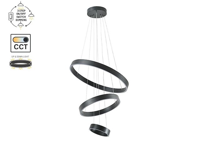 1 x duora design hanglamp zand zwart 20cm&40cm&60cm trio ring 60w led cct 3 kleur & 3 stappen dimmen - afbeelding 5 van  6