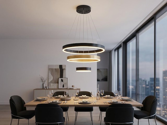 1 x duora design hanglamp zand zwart en goud 20cm&40cm&60cm trio ring 60w led cct 3 kleur & 3 stappen dimmen - afbeelding 3 van  6