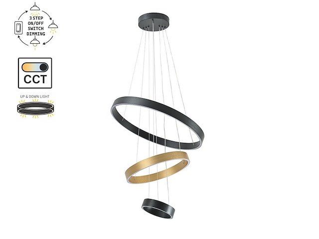 1 x duora design hanglamp zand zwart en goud 20cm&40cm&60cm trio ring 60w led cct 3 kleur & 3 stappen dimmen - afbeelding 4 van  6