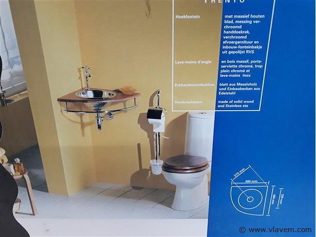 1 x hoekwasbak inox houten blad chrome sifon - afbeelding 1 van  2