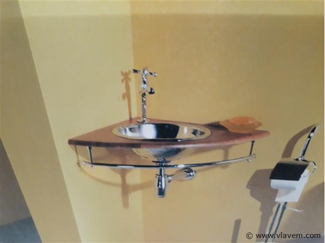1 x hoekwasbak inox houten blad chrome sifon - afbeelding 2 van  2