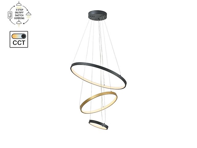 1 x orien design hanglamp zand zwart en goud 20cm&40cm&60cm trio ring 50w led cct 3 kleur & 3 stappen dimmen - afbeelding 6 van  7