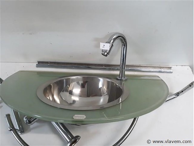 1 x wasbak inox glazen blad chrome sifon + kraan showmodel - afbeelding 2 van  2