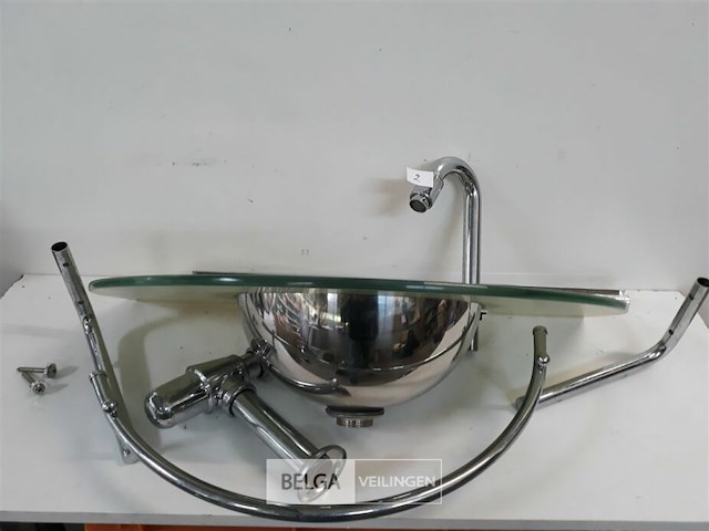 1 x wasbak inox glazen blad chrome sifon + kraan showmodel - afbeelding 1 van  3
