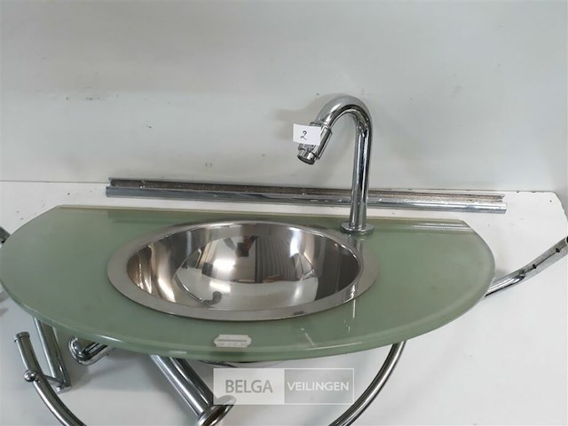 1 x wasbak inox glazen blad chrome sifon + kraan showmodel - afbeelding 3 van  3
