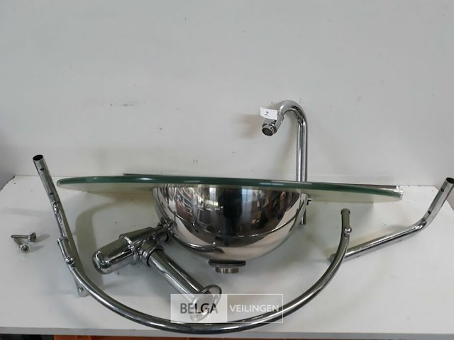1 x wasbak inox glazen blad chrome sifon + kraan showmodel - afbeelding 2 van  3