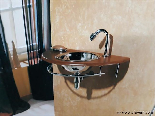 1 x wasbak inox houten blad chrome sifon - afbeelding 2 van  2