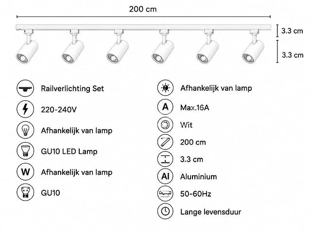 10 x 1-fase railverlichting set – 2 meter – wit – inclusief 6 x gu10 railspots - afbeelding 2 van  5
