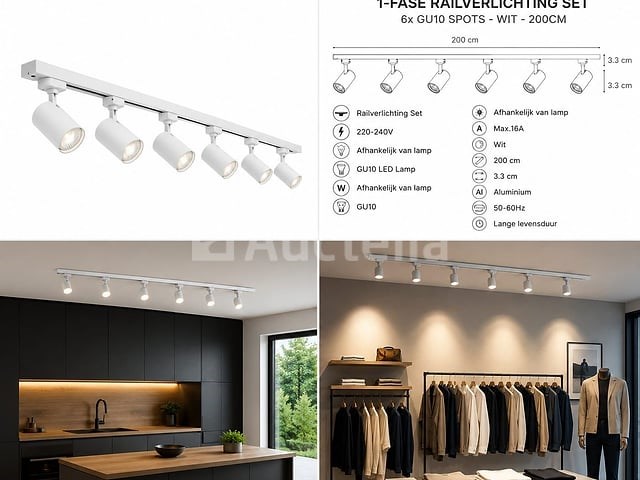 10 x 1-fase railverlichting set – 2 meter – wit – inclusief 6 x gu10 railspots - afbeelding 3 van  5