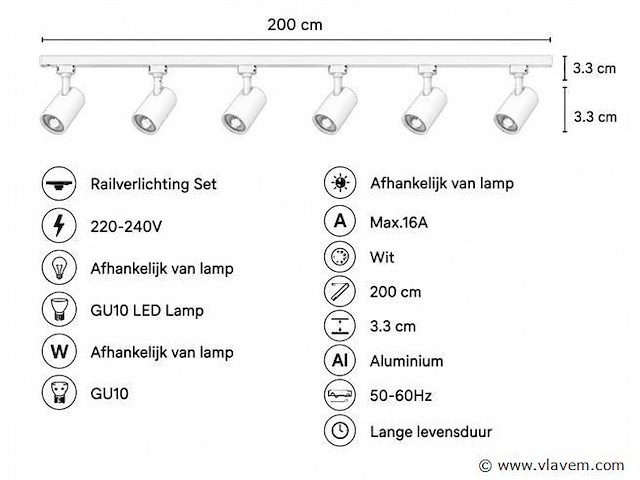 10 x 1-fase railverlichting set – 2 meter – wit – inclusief 6 x gu10 railspots - afbeelding 4 van  5