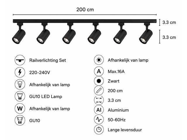 10 x 1-fase railverlichting set – 2 meter – zwart – inclusief 6 x gu10 railspots - afbeelding 4 van  5