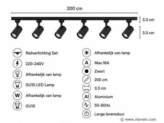 10 x 1-fase railverlichting set – 2 meter – zwart – inclusief 6 x gu10 railspots - afbeelding 4 van  5