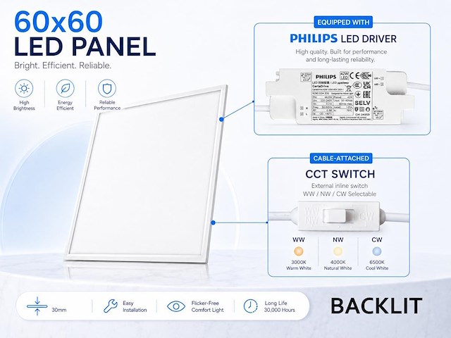 10 x 40w 3 kleur cct 60*60 inbouw backlit led panelen philips driver wit - afbeelding 7 van  8