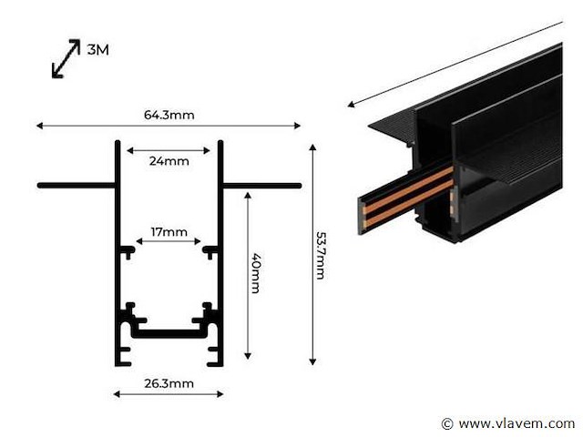 10 x inbouw magnetische rail – 20mm – 48v – 3 meter – zwart - afbeelding 5 van  5