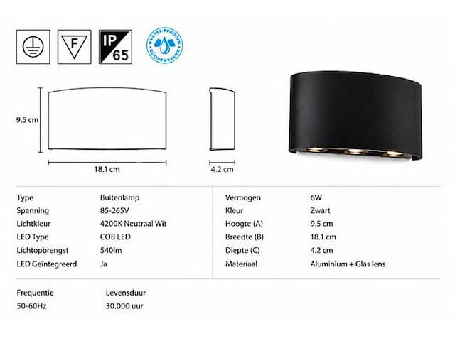 10 x led buiten wandlamp – 6w – 4200k neutraal wit - zwart – ip65 – proton-6 - afbeelding 1 van  5