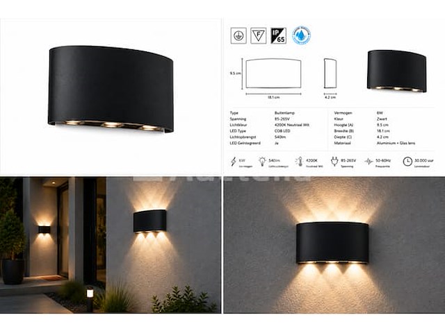 10 x led buiten wandlamp – 6w – 4200k neutraal wit - zwart – ip65 – proton-6 - afbeelding 2 van  5