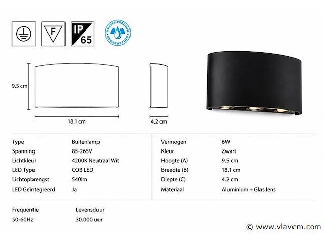 10 x led buiten wandlamp – 6w – 4200k neutraal wit - zwart – ip65 – proton-6 - afbeelding 4 van  5