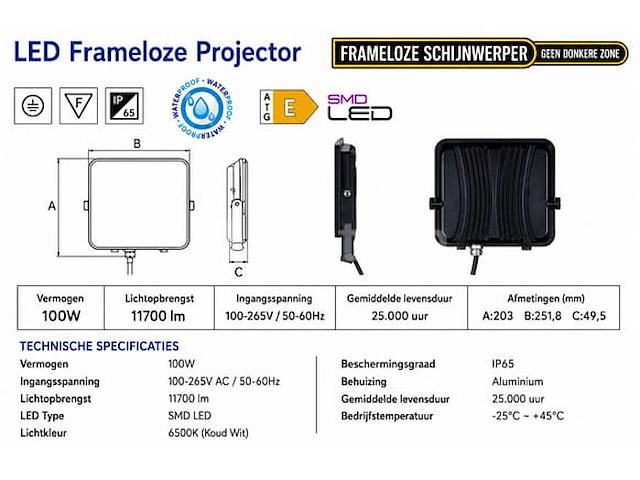 10 x led frameless floodlight 100w – 6400k koud wit – ip66 – pegasus-100 - afbeelding 2 van  5