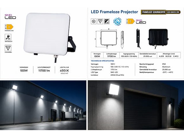 10 x led frameless floodlight 100w – 6400k koud wit – ip66 – pegasus-100 - afbeelding 4 van  5
