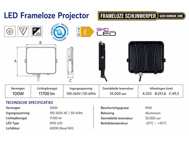 10 x led frameless floodlight 100w – 6400k koud wit – ip66 – pegasus-100 - afbeelding 4 van  5
