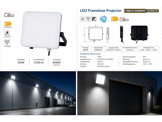 10 x led frameless floodlight 100w – 6400k koud wit – ip66 – pegasus-100 - afbeelding 5 van  5