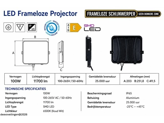 10 x led frameless floodlight 100w – 6400k koud wit – ip66 – pegasus-100 - afbeelding 5 van  6