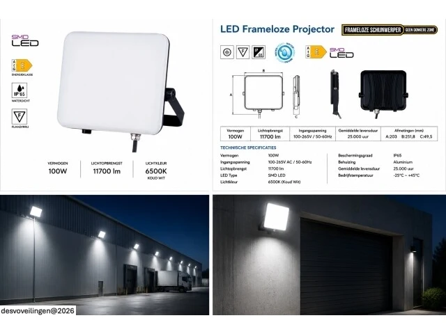 10 x led frameless floodlight 100w – 6400k koud wit – ip66 – pegasus-100 - afbeelding 6 van  6