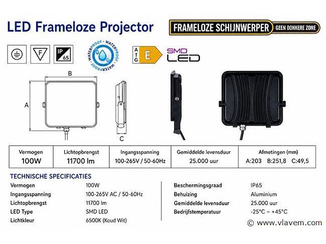 10 x led frameless floodlight 100w – 6400k koud wit – ip66 – pegasus-100 - afbeelding 4 van  5