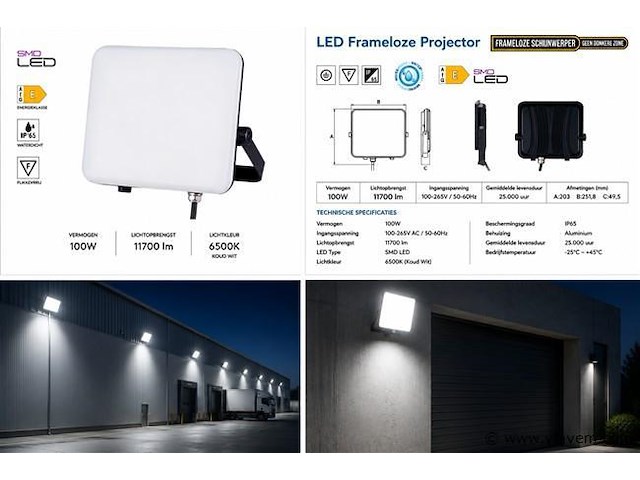 10 x led frameless floodlight 100w – 6400k koud wit – ip66 – pegasus-100 - afbeelding 5 van  5