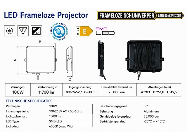 10 x led frameless floodlight 100w – 6400k koud wit – ip66 – pegasus-100 - afbeelding 5 van  6