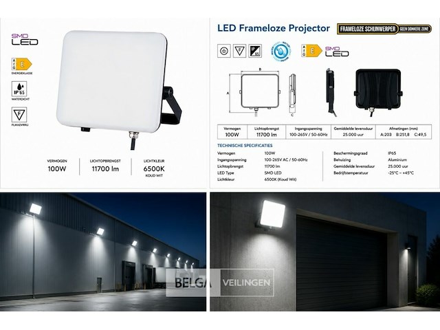 10 x led frameless floodlight 100w – 6400k koud wit – ip66 – pegasus-100 - afbeelding 6 van  6