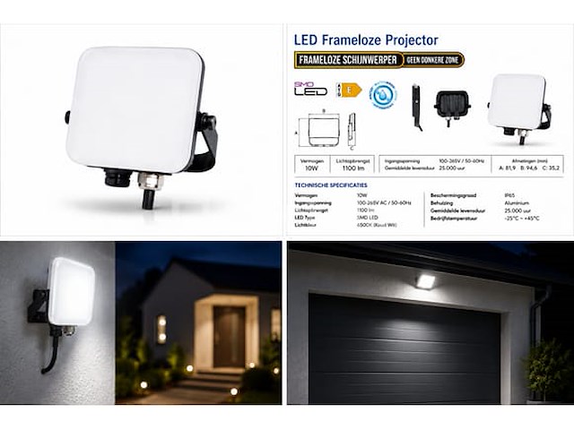 10 x led frameless floodlight 10w – 6400k koud wit – ip66 – pegasus-10 - afbeelding 2 van  5
