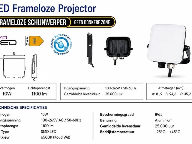 10 x led frameless floodlight 10w – 6400k koud wit – ip66 – pegasus-10 - afbeelding 1 van  5