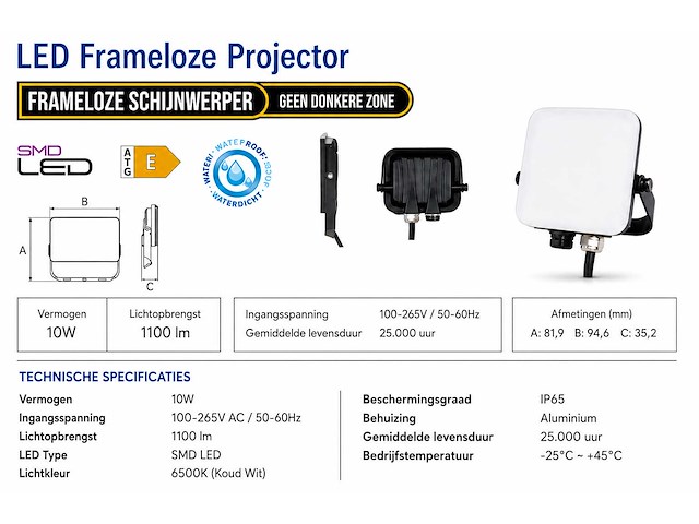 10 x led frameless floodlight 10w – 6400k koud wit – ip66 – pegasus-10 - afbeelding 4 van  5
