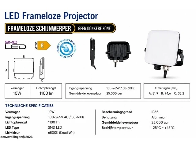 10 x led frameless floodlight 10w – 6400k koud wit – ip66 – pegasus-10 - afbeelding 5 van  6