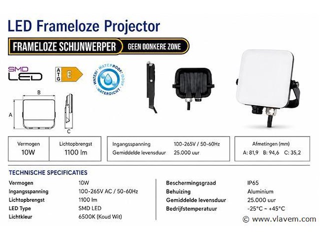 10 x led frameless floodlight 10w – 6400k koud wit – ip66 – pegasus-10 - afbeelding 4 van  5