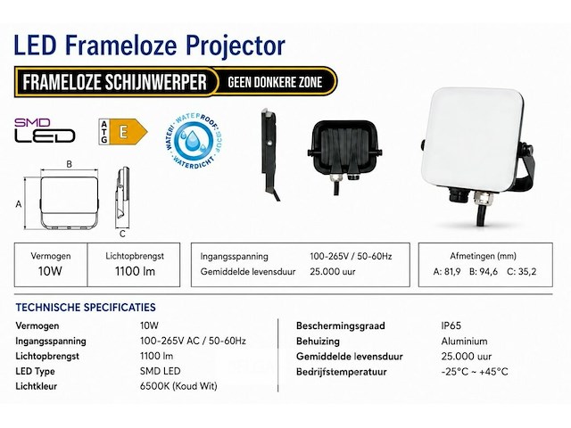 10 x led frameless floodlight 10w – 6400k koud wit – ip66 – pegasus-10 - afbeelding 5 van  6