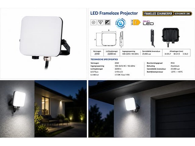 10 x led frameless floodlight 20w – 6400k koud wit – ip66 – pegasus-20 - afbeelding 4 van  5