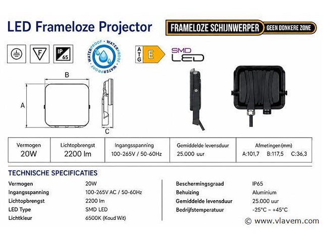 10 x led frameless floodlight 20w – 6400k koud wit – ip66 – pegasus-20 - afbeelding 4 van  5