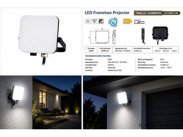 10 x led frameless floodlight 20w – 6400k koud wit – ip66 – pegasus-20 - afbeelding 5 van  5