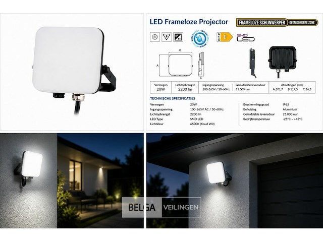 10 x led frameless floodlight 20w – 6400k koud wit – ip66 – pegasus-20 - afbeelding 6 van  6