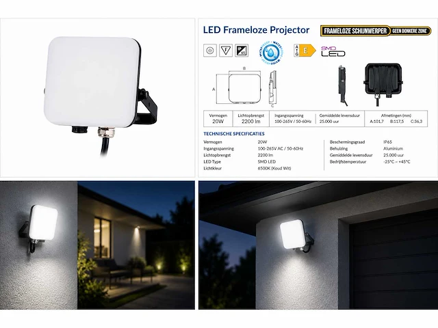 10 x led frameless floodlight 20w – 6400k koud wit – ip66 – pegasus-20 - afbeelding 5 van  5