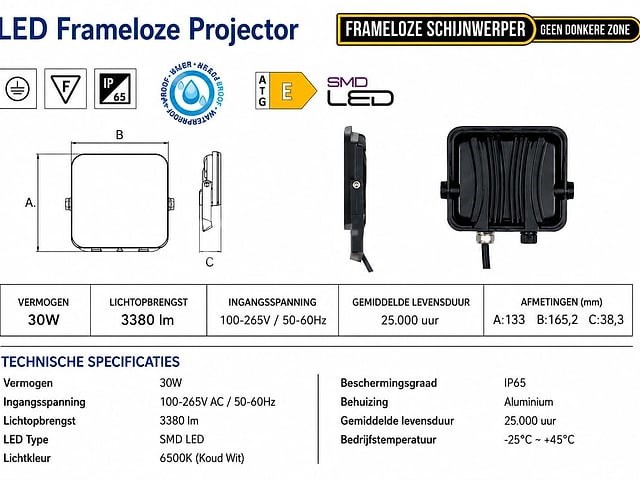 10 x led frameless floodlight 30w – 6400k koud wit – ip66 – pegasus-30 - afbeelding 4 van  5