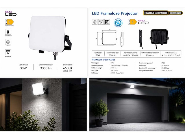 10 x led frameless floodlight 30w – 6400k koud wit – ip66 – pegasus-30 - afbeelding 5 van  5