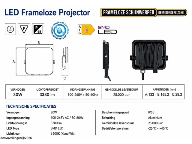 10 x led frameless floodlight 30w – 6400k koud wit – ip66 – pegasus-30 - afbeelding 5 van  6