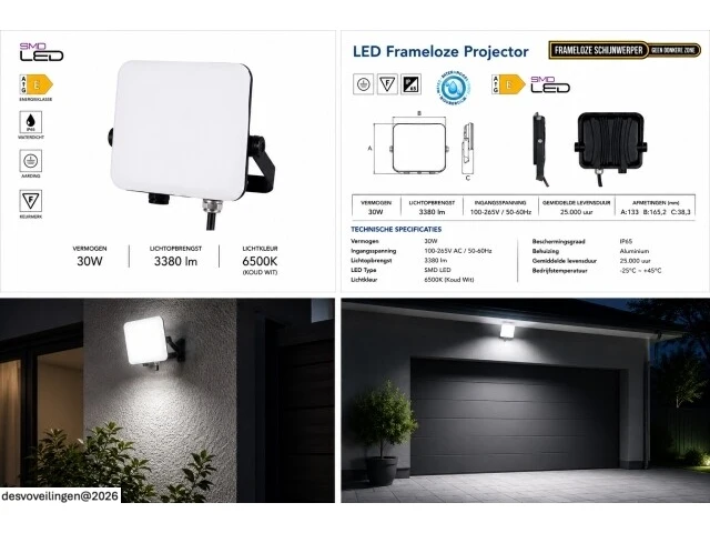 10 x led frameless floodlight 30w – 6400k koud wit – ip66 – pegasus-30 - afbeelding 6 van  6
